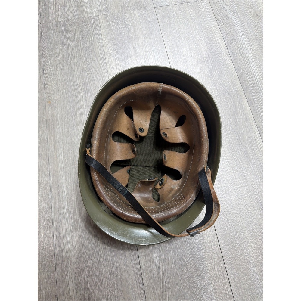 Vintage Military‎  Helmet With Leather Chinstrap & Lining Green Rare!!